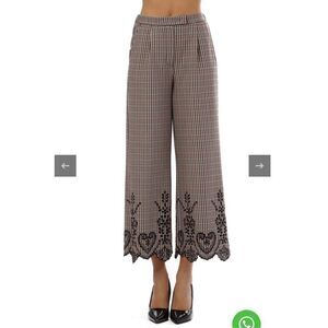 Sfizio Houndstooth Embroidered Eyelet Hem Wide Leg Pants Work Trousers 4